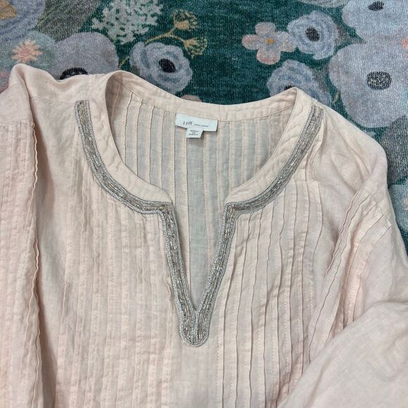J. Jill Blouse Womens 4X Pink Cream Long Sleeve Pleated Linen Beaded Tunic Top - Picture 5 of 16